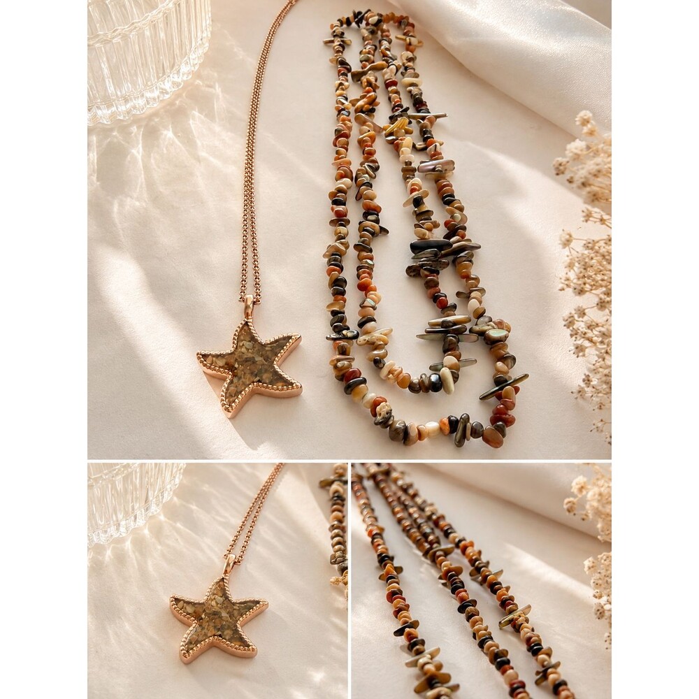 MerMade Rose Gold Starfish Pendant Necklace & Multi Strand Shell Chip Lot